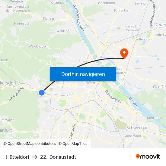 Hütteldorf to 22., Donaustadt map