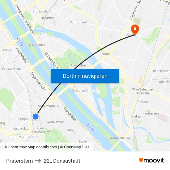 Praterstern to 22., Donaustadt map