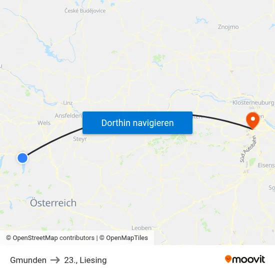 Gmunden to 23., Liesing map