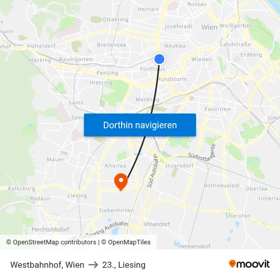 Westbahnhof, Wien to 23., Liesing map