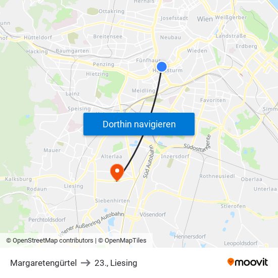 Margaretengürtel to 23., Liesing map