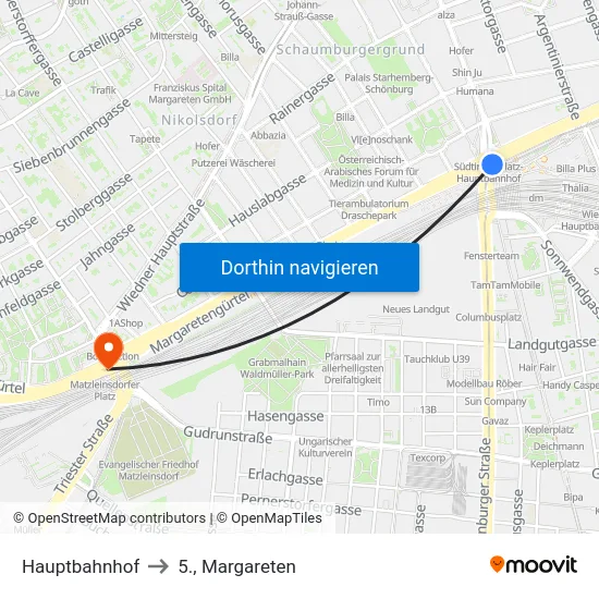 Hauptbahnhof to 5., Margareten map
