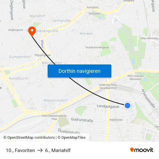 10., Favoriten to 6., Mariahilf map