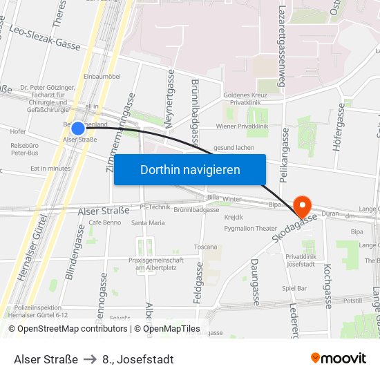 Alser Straße to 8., Josefstadt map