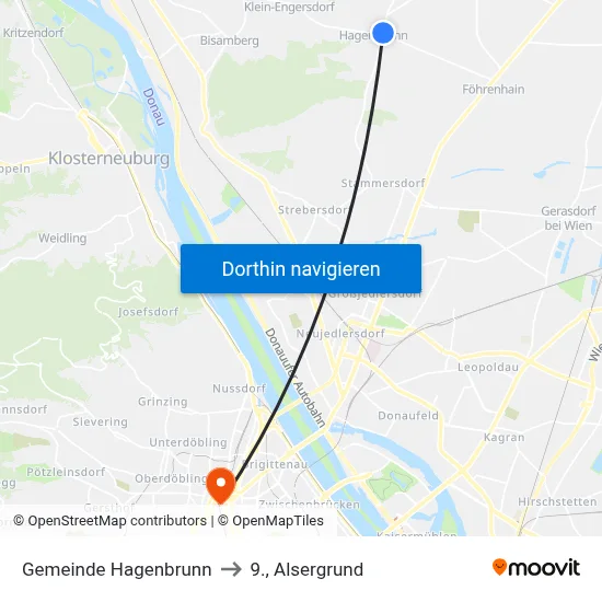 Gemeinde Hagenbrunn to 9., Alsergrund map