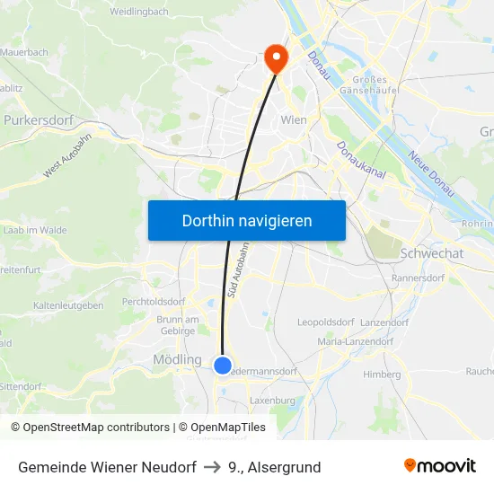 Gemeinde Wiener Neudorf to 9., Alsergrund map