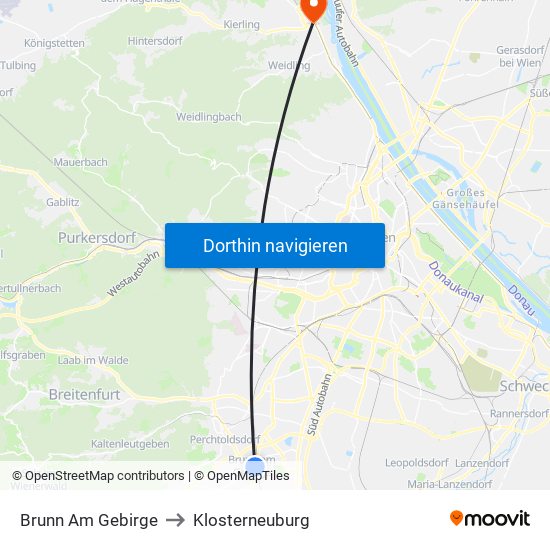 Brunn Am Gebirge to Klosterneuburg map