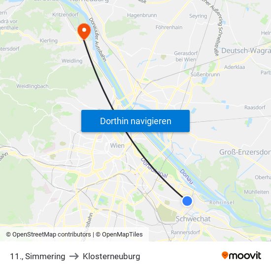 11., Simmering to Klosterneuburg map