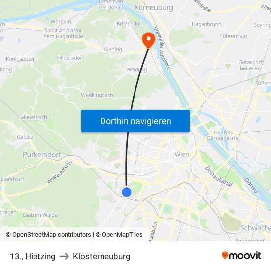 13., Hietzing to Klosterneuburg map