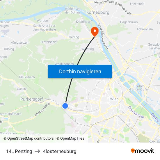 14., Penzing to Klosterneuburg map