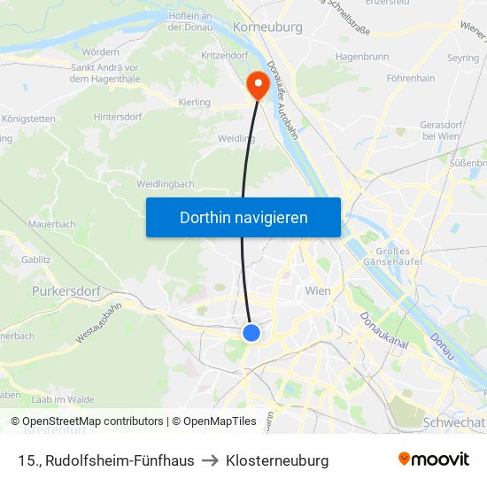 15., Rudolfsheim-Fünfhaus to Klosterneuburg map