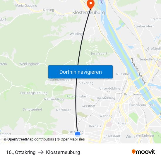 16., Ottakring to Klosterneuburg map