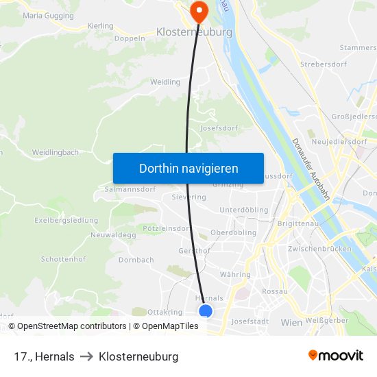 17., Hernals to Klosterneuburg map