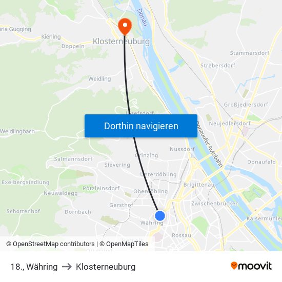 18., Währing to Klosterneuburg map