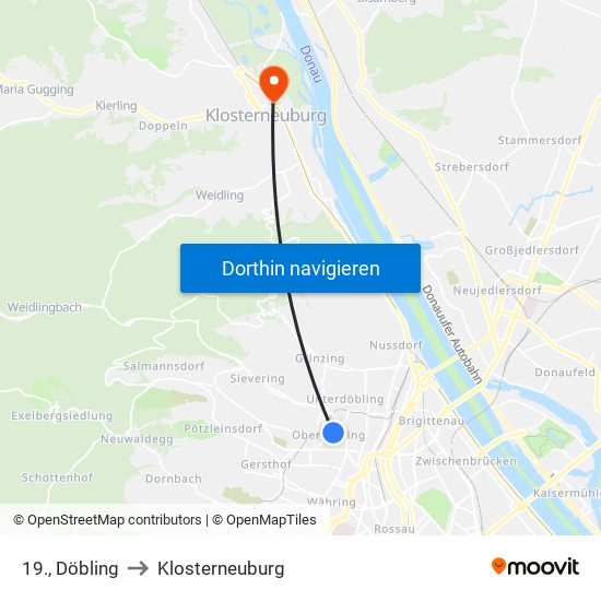 19., Döbling to Klosterneuburg map