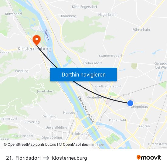 21., Floridsdorf to Klosterneuburg map