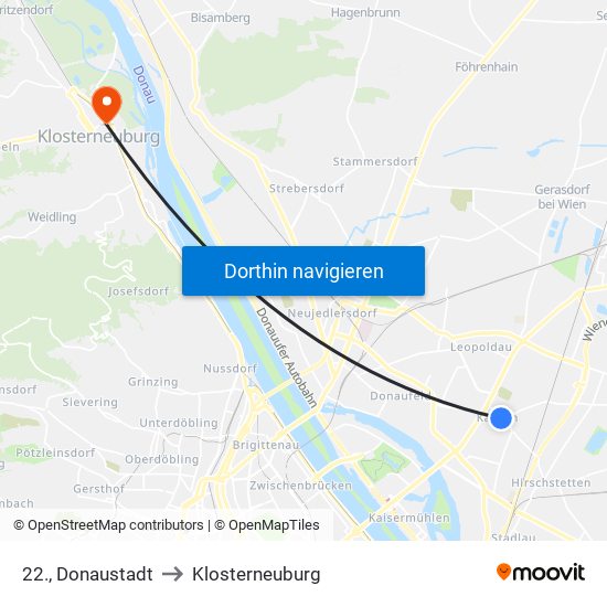 22., Donaustadt to Klosterneuburg map