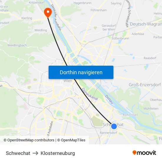 Schwechat to Klosterneuburg map