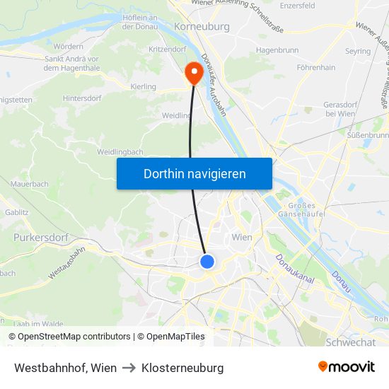 Westbahnhof, Wien to Klosterneuburg map