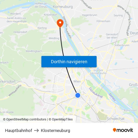 Hauptbahnhof to Klosterneuburg map
