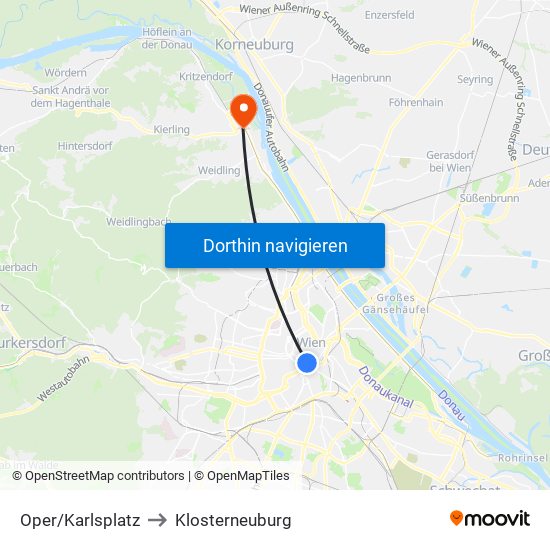 Oper/Karlsplatz to Klosterneuburg map