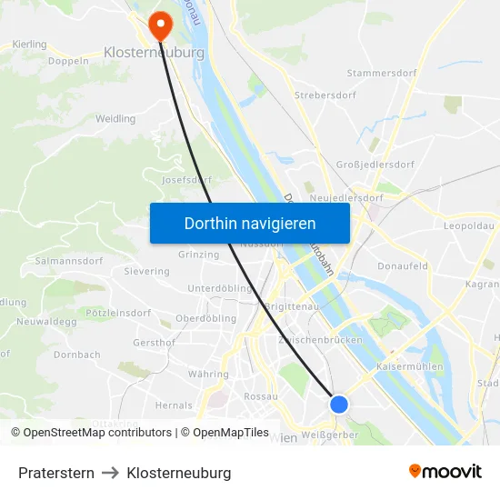Praterstern to Klosterneuburg map