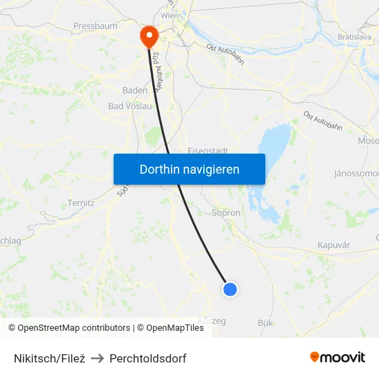 Nikitsch/Filež to Perchtoldsdorf map