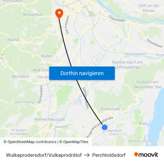 Wulkaprodersdorf/Vulkaprodrštof to Perchtoldsdorf map