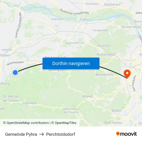 Gemeinde Pyhra to Perchtoldsdorf map