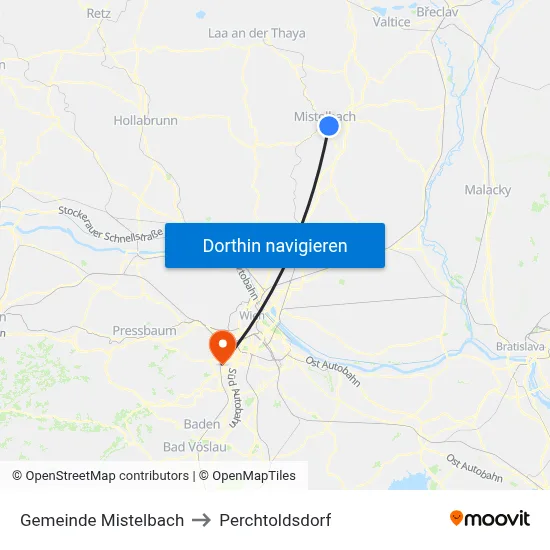 Gemeinde Mistelbach to Perchtoldsdorf map