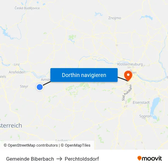 Gemeinde Biberbach to Perchtoldsdorf map