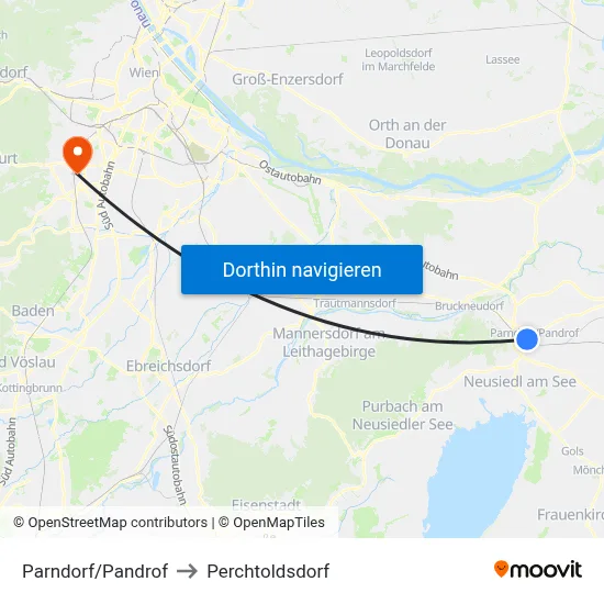 Parndorf/Pandrof to Perchtoldsdorf map