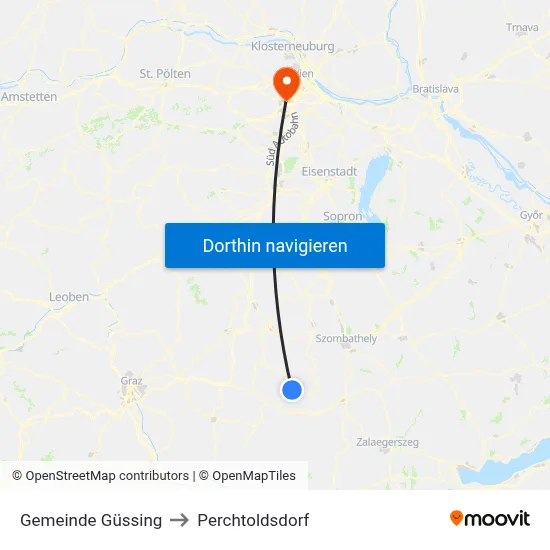 Gemeinde Güssing to Perchtoldsdorf map