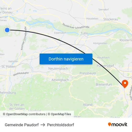 Gemeinde Paudorf to Perchtoldsdorf map