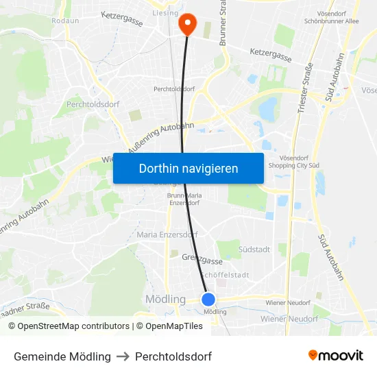 Gemeinde Mödling to Perchtoldsdorf map