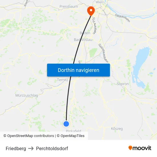 Friedberg to Perchtoldsdorf map
