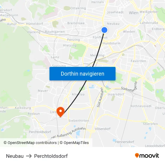 Neubau to Perchtoldsdorf map