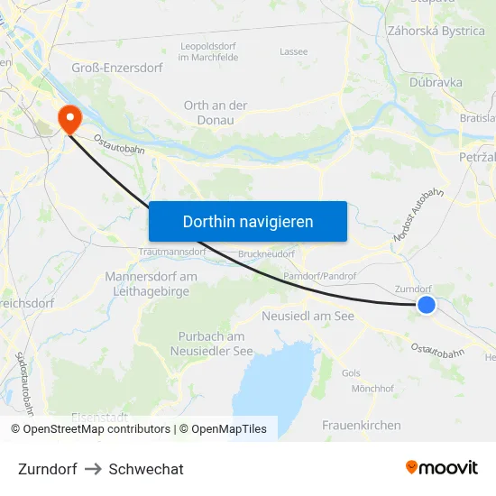 Zurndorf to Schwechat map