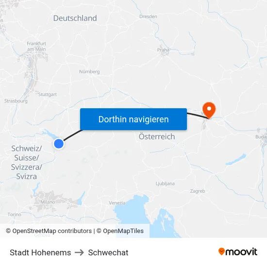 Stadt Hohenems to Schwechat map