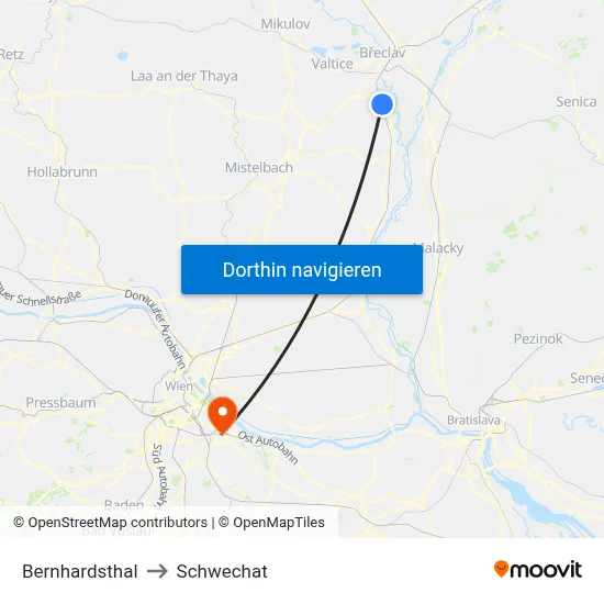 Bernhardsthal to Schwechat map