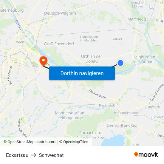 Eckartsau to Schwechat map