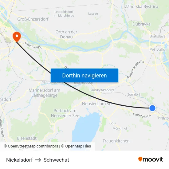 Nickelsdorf to Schwechat map