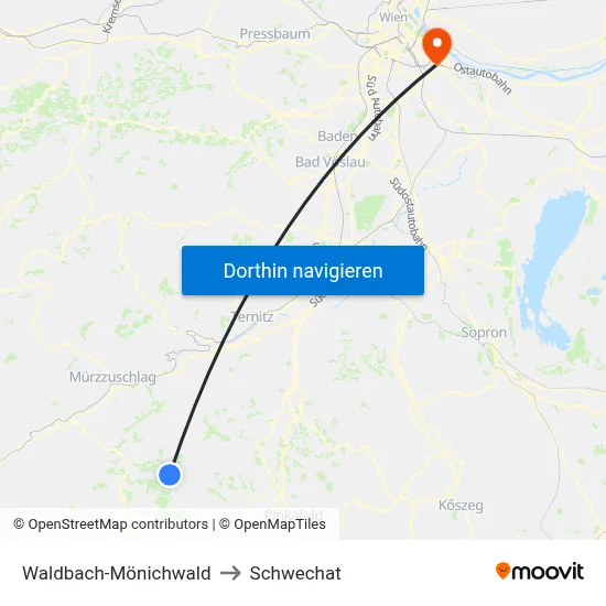 Waldbach-Mönichwald to Schwechat map