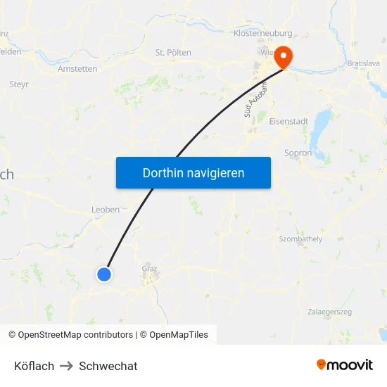 Köflach to Schwechat map