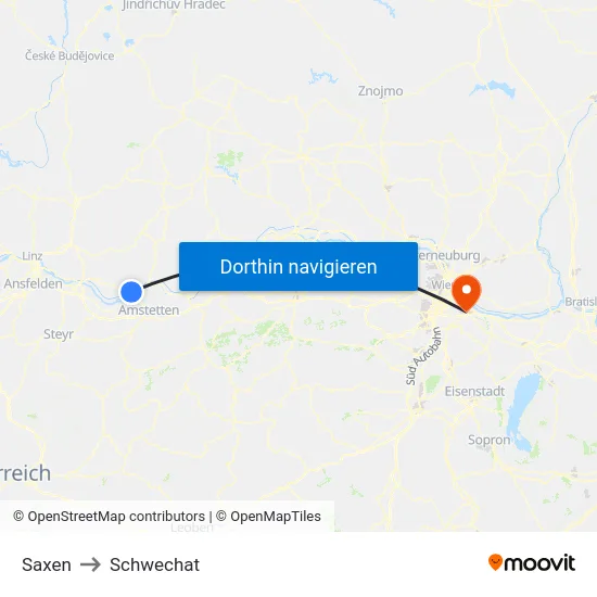 Saxen to Schwechat map