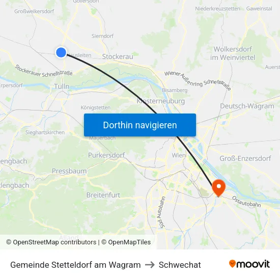Gemeinde Stetteldorf am Wagram to Schwechat map
