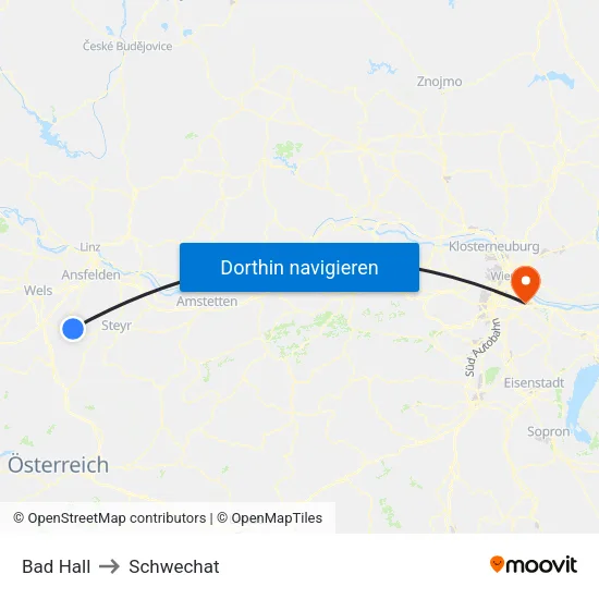 Bad Hall to Schwechat map