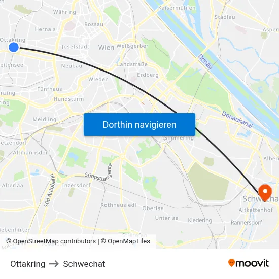 Ottakring to Schwechat map