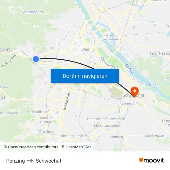 Penzing to Schwechat map