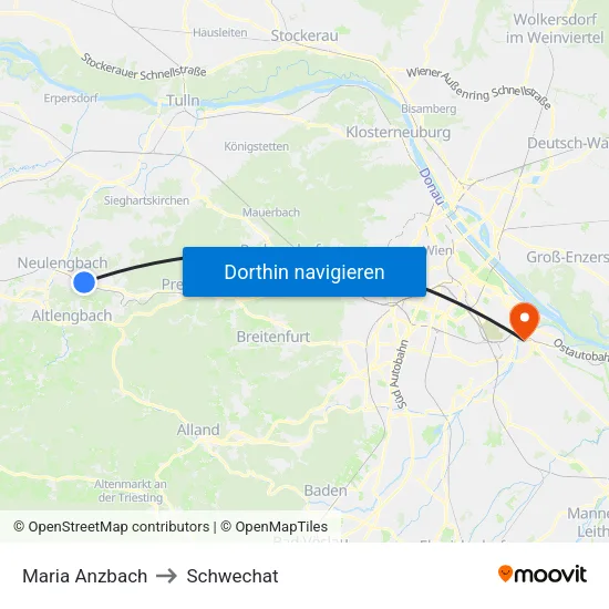 Maria Anzbach to Schwechat map